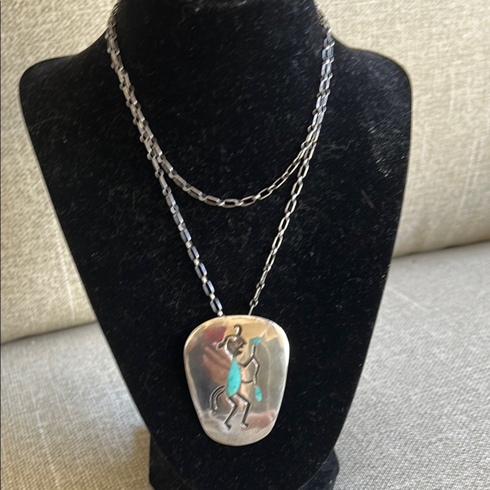 Authentic vintage turquoise and silver Kachina inlay pendant and chain necklace.